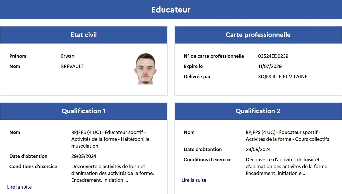 Carte professionnelle d'éducateur sportif et qualifications BPJEPS Activités de la Forme d'Erwan Brévault